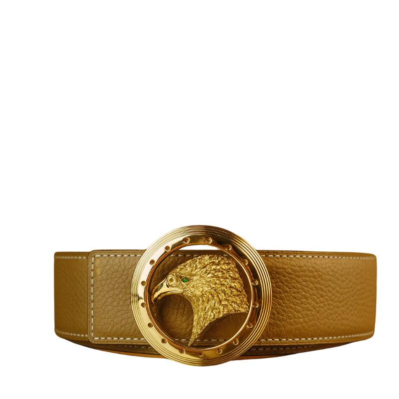 Luxury Sky Blue Textured Leather Eagle Medallion Orbit Buckle Belt