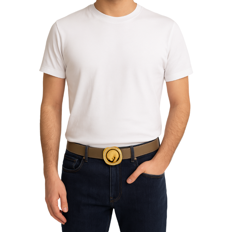 Italian Sky Blue Textured Leather Belt with Golden Regal Panther Buckle Accent