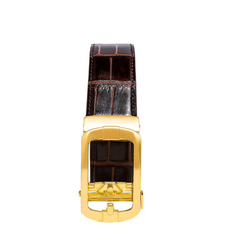 Croco Leather Brown Strap Belt with Golden Autolock Buckle