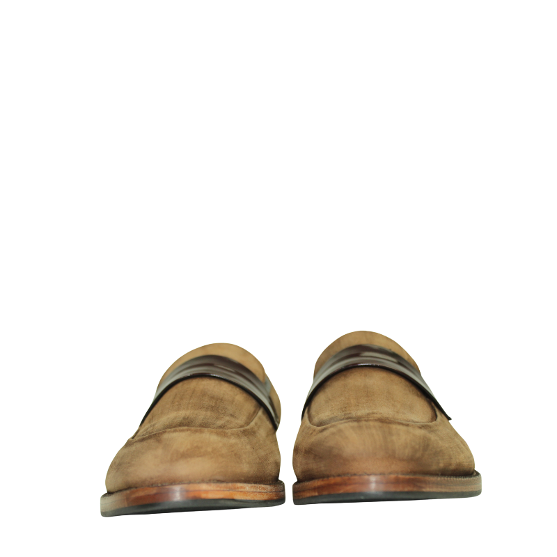 Luxury Suede Leather Oak Wood Penny Loafer with Strap
