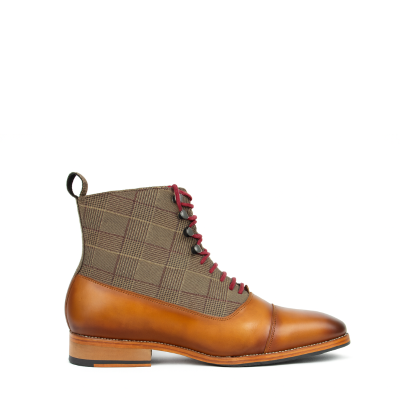 Mens Leather Tan Plaid Ankle Boot