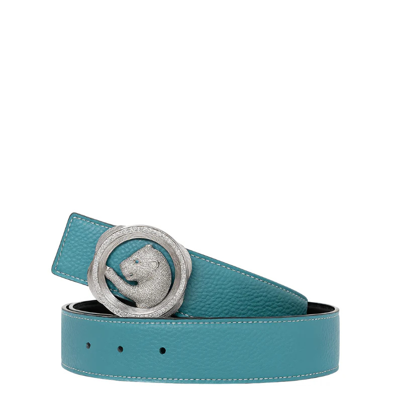 Italain Silver Regal Jaguar Buckle Belt with Brown Leather Strap