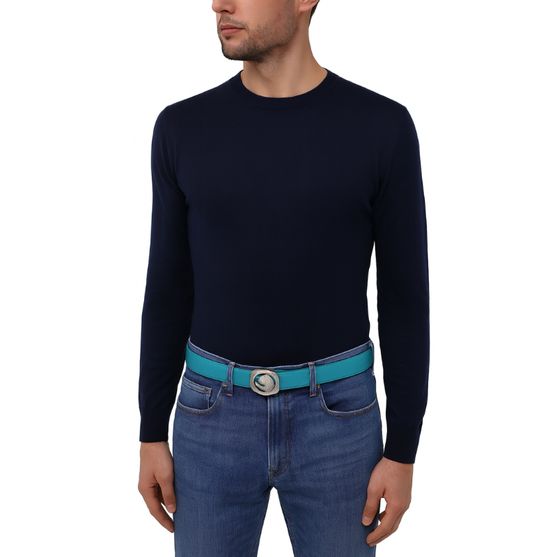 Italain Silver Regal Jaguar Buckle Belt with Black Leather Strap