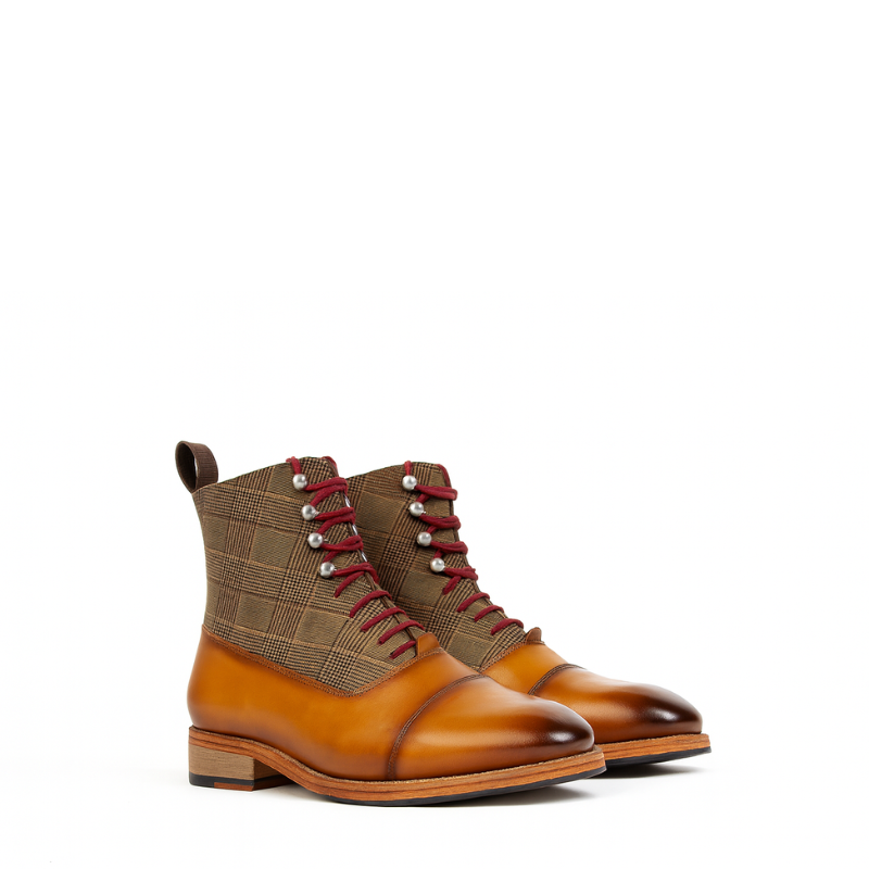 Mens Leather Tan Plaid Ankle Boot