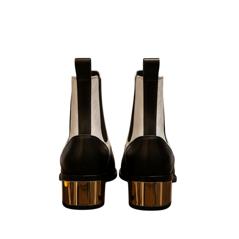 Luxury Dual Tone Croco Leather Chelsea Boots with Metallic Gold Heel