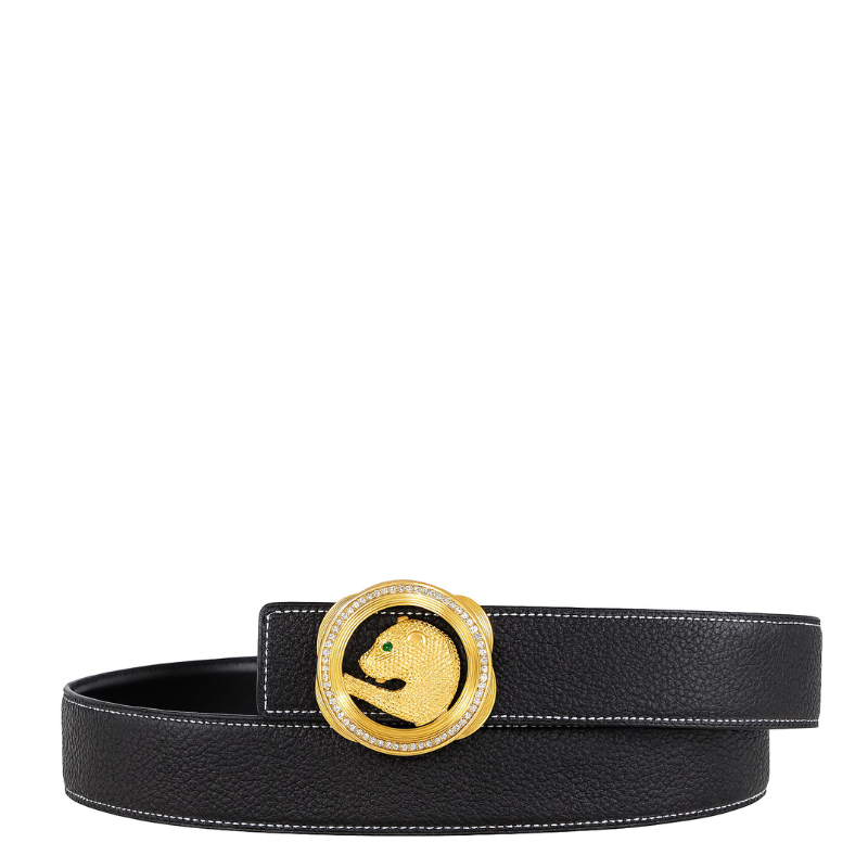 Italian Tan Textured Leather Belt with Golden Regal Panther Buckle Accent