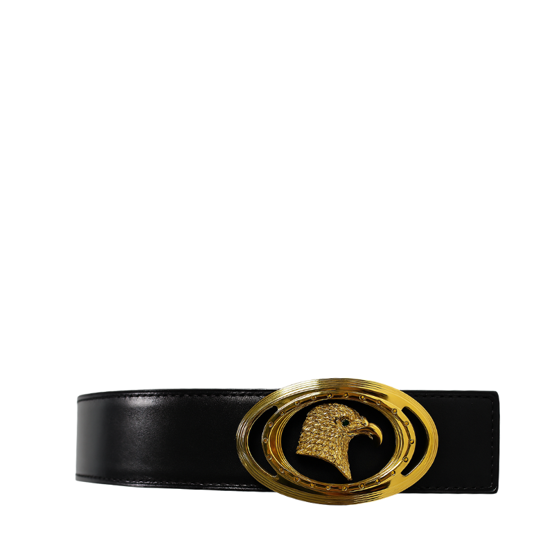 Luxury Black Plain Leather Eagle Medallion oval-shaped Buckle Belt