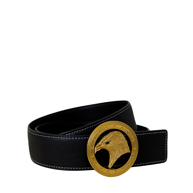 Luxury Black Textured Leather Eagle Medallion Orbit Buckle Belt