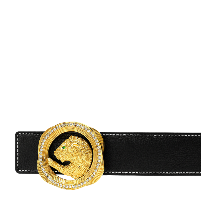 Italian Tan Textured Leather Belt with Golden Regal Panther Buckle Accent