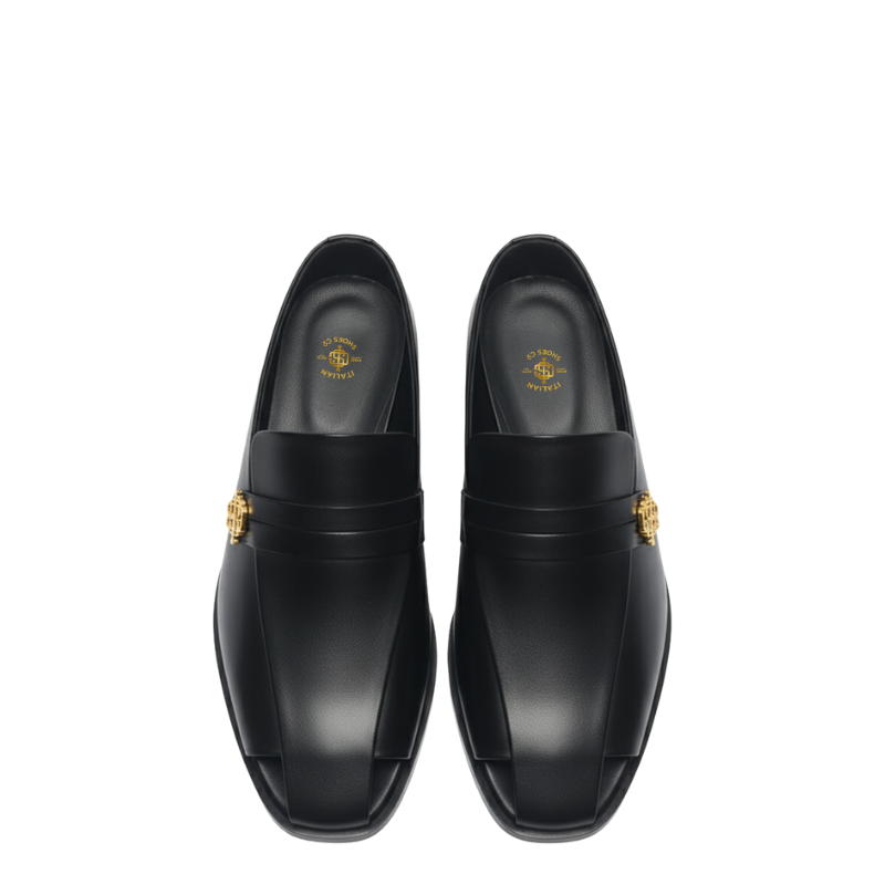 Italian luxe Golden Emblem Open Toe Loafers