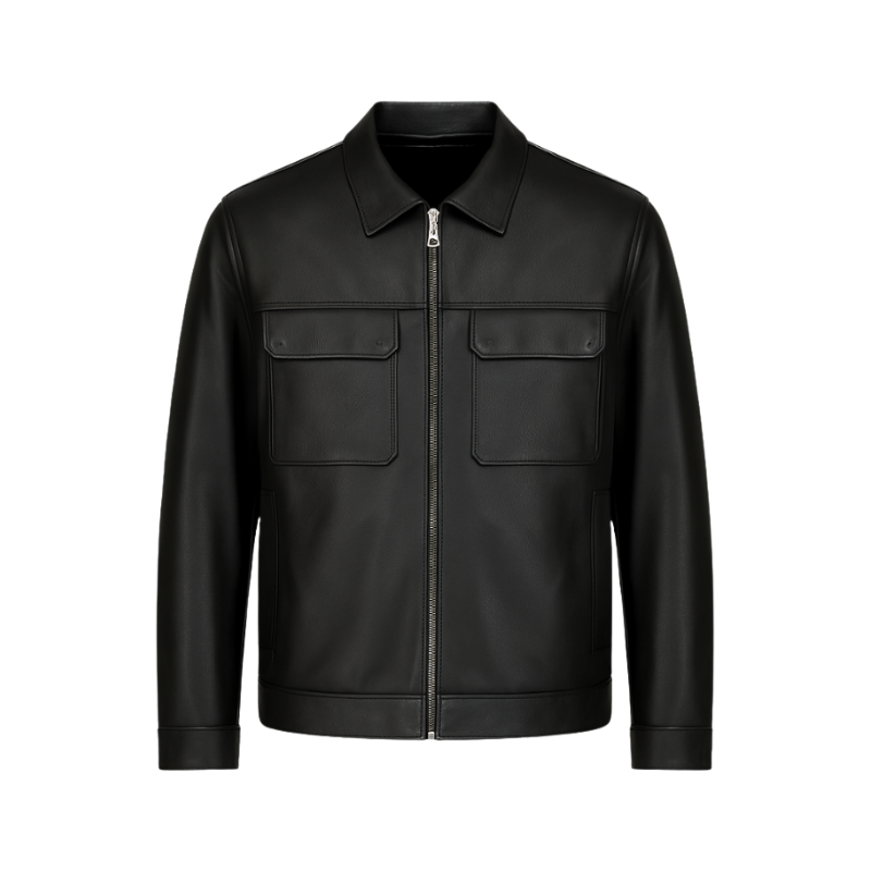 Italian Leather Zip Front Jacket with Chest Pockets