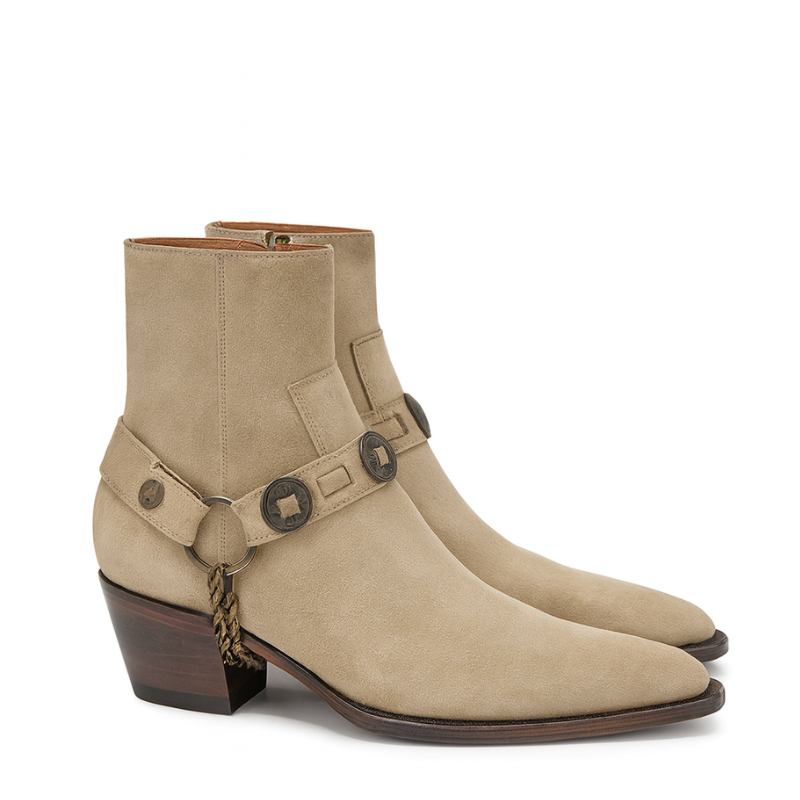 Luxury Textured Leather Beige Side Zipper Boots with Metal Chain