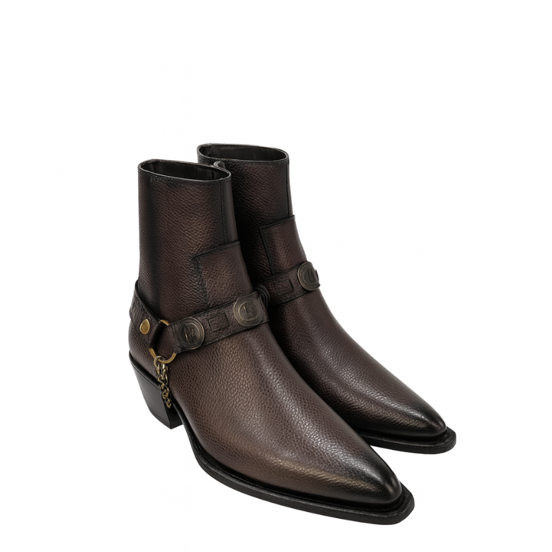 Luxury Textured Leather Side Zip Boots with Metal Chain