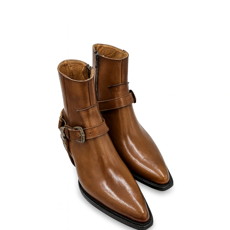 Luxury Leather Boot With Engraved Metal Buckle Strap