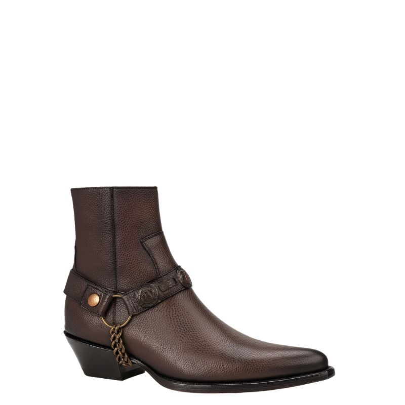 Luxury Textured Leather Dark Brown Side Zip Boots with Metal Chain