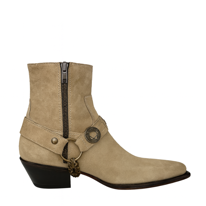 Luxury Textured Leather Beige Side-Zipper Boots with Metal Chain
