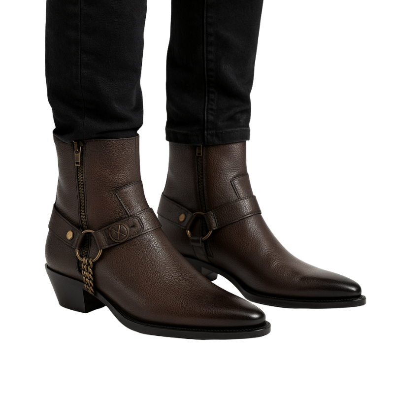 Luxury Textured Leather Dark Brown Side Zip Boots with Metal Chain