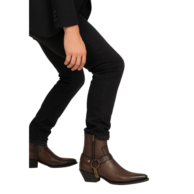 Luxury Textured Leather Side Zip Boots with Metal Chain