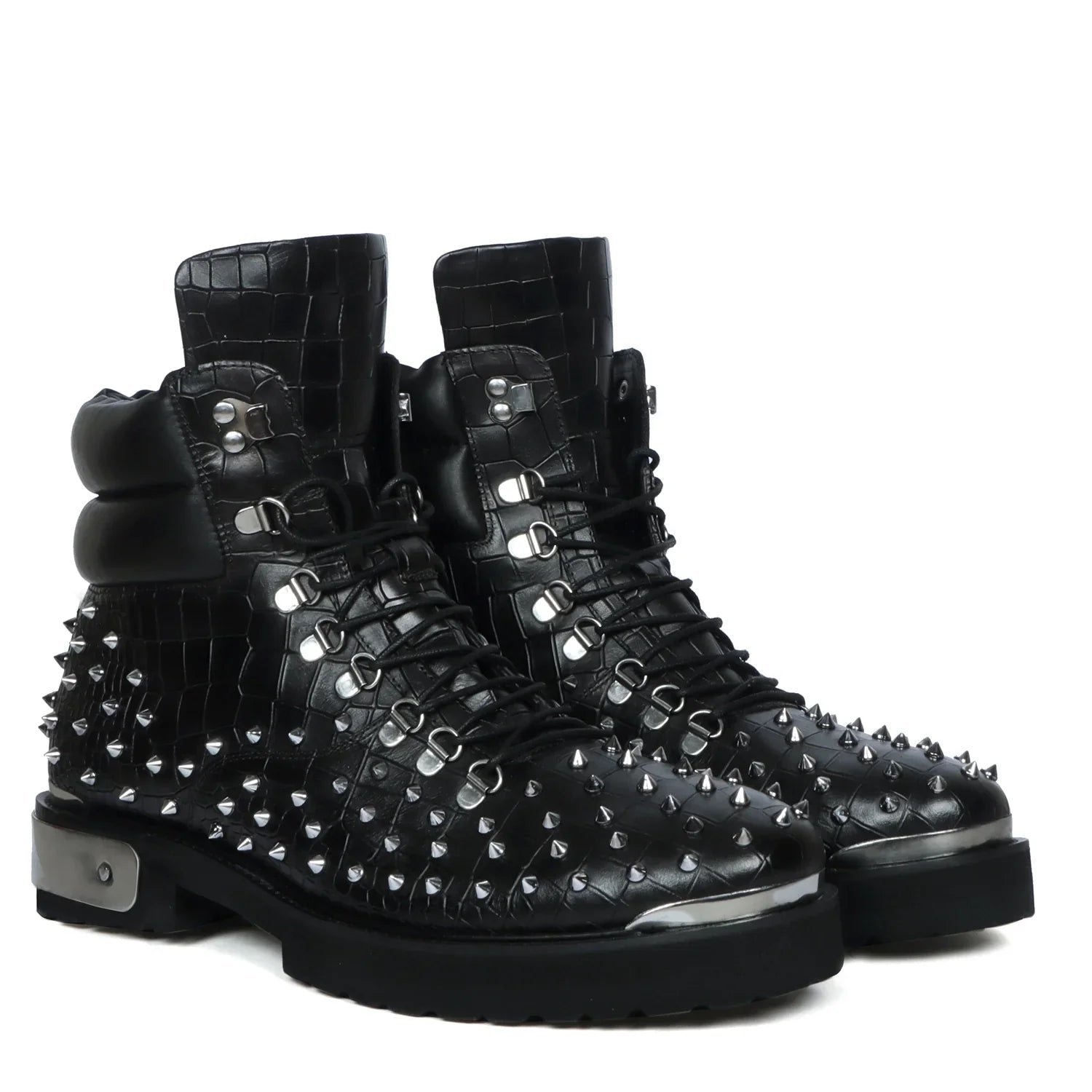 Studded Black Biker Chunky Boots Deep Cut Zip Closure
