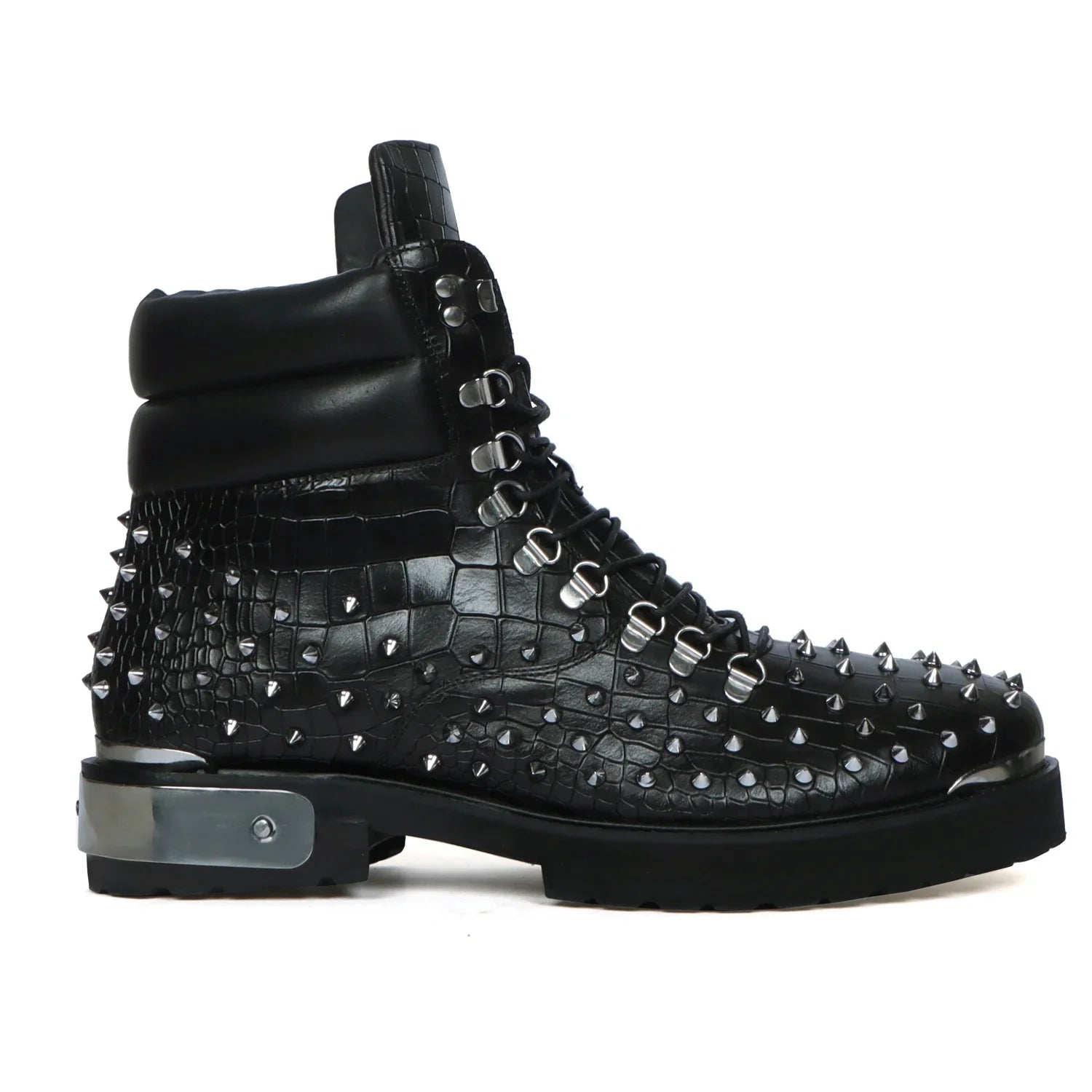 Studded Black Biker Chunky Boots Deep Cut Zip Closure