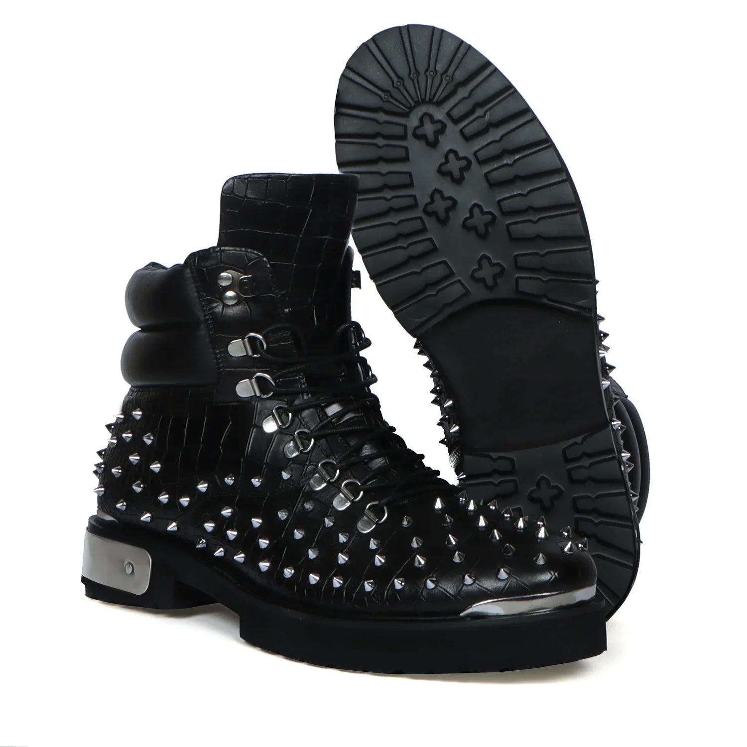 Studded Black Biker Chunky Boots Deep Cut Zip Closure