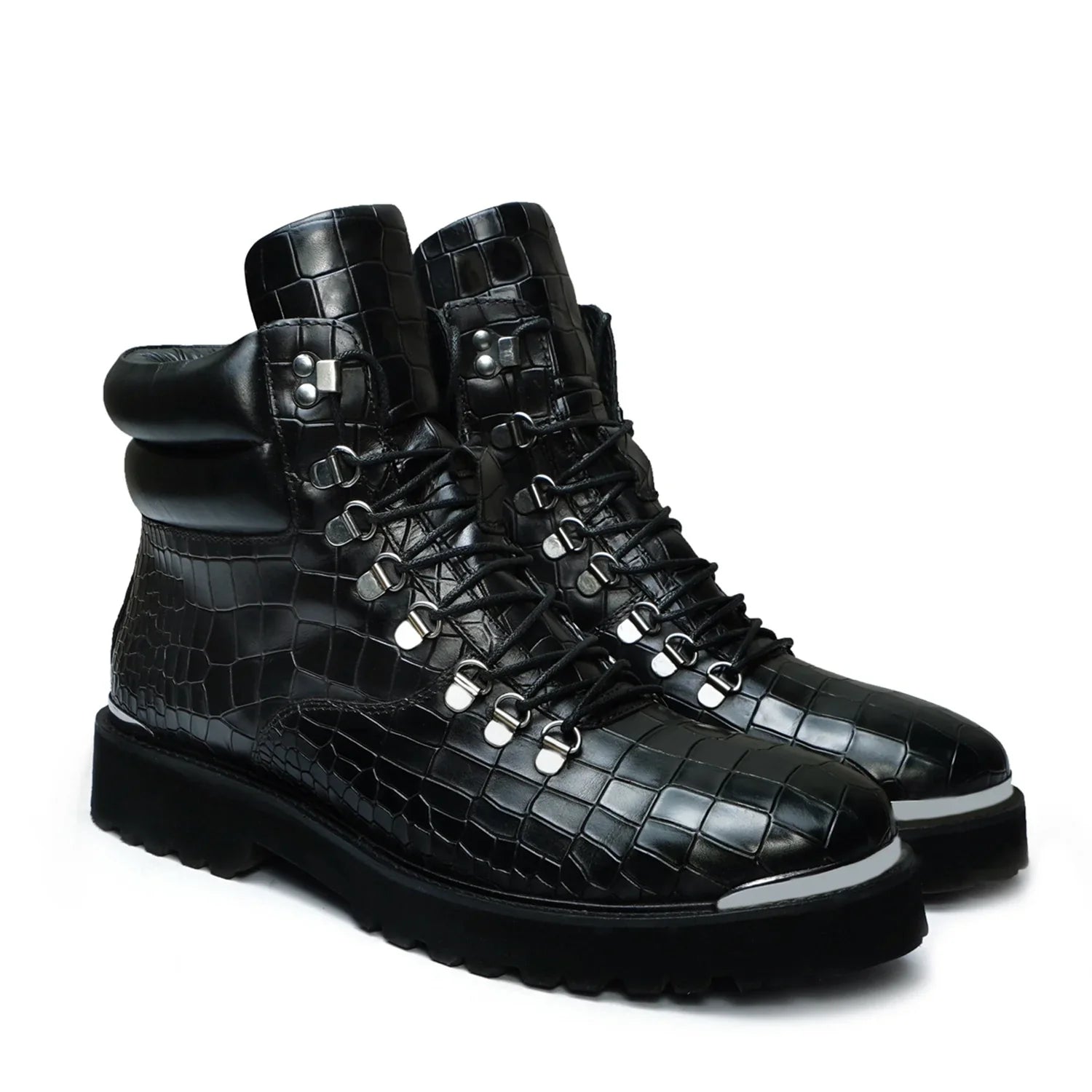 Deep Cut Biker Boots in Black Leather
