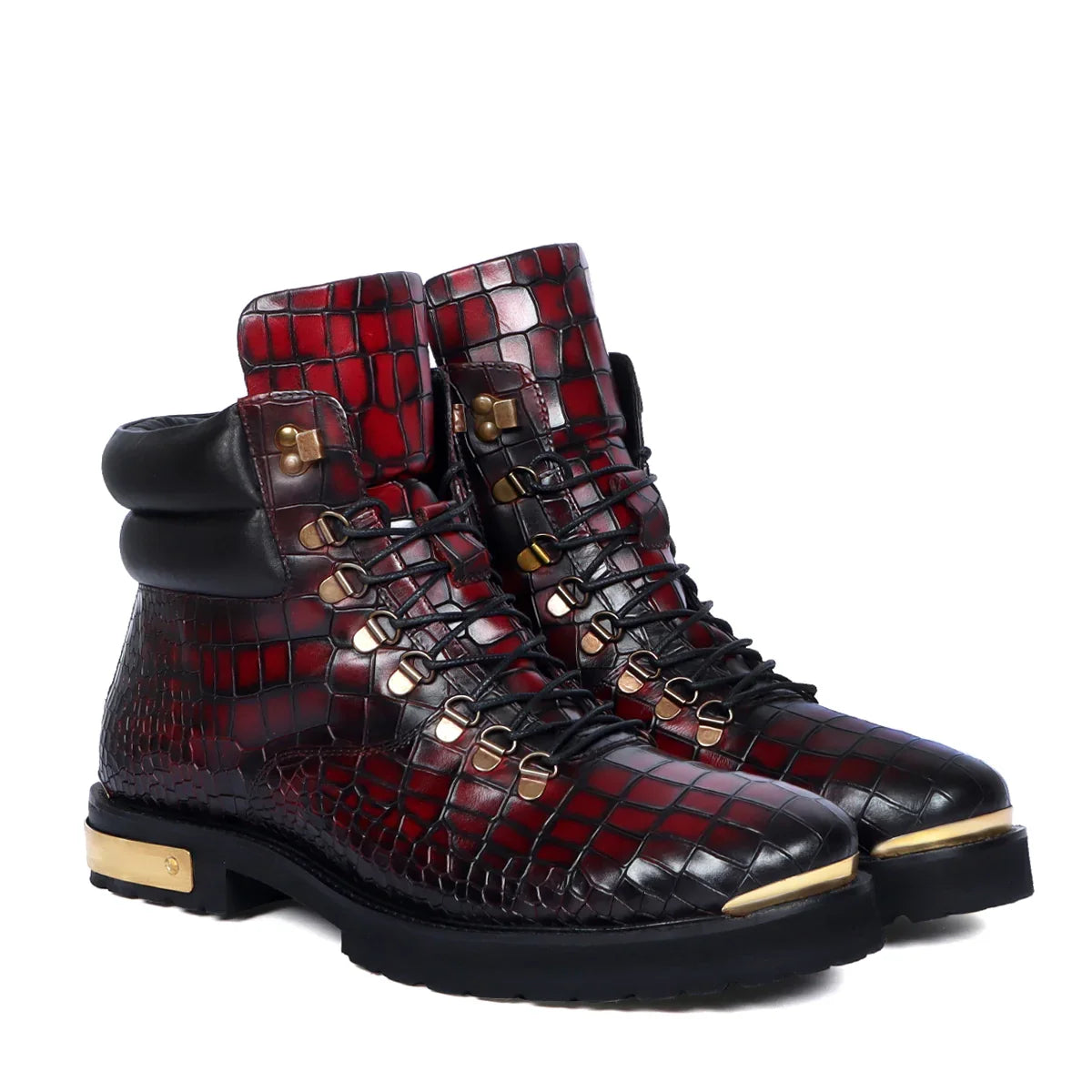 Smokey Wine Biker Chunky Boots Croco Textured Leather