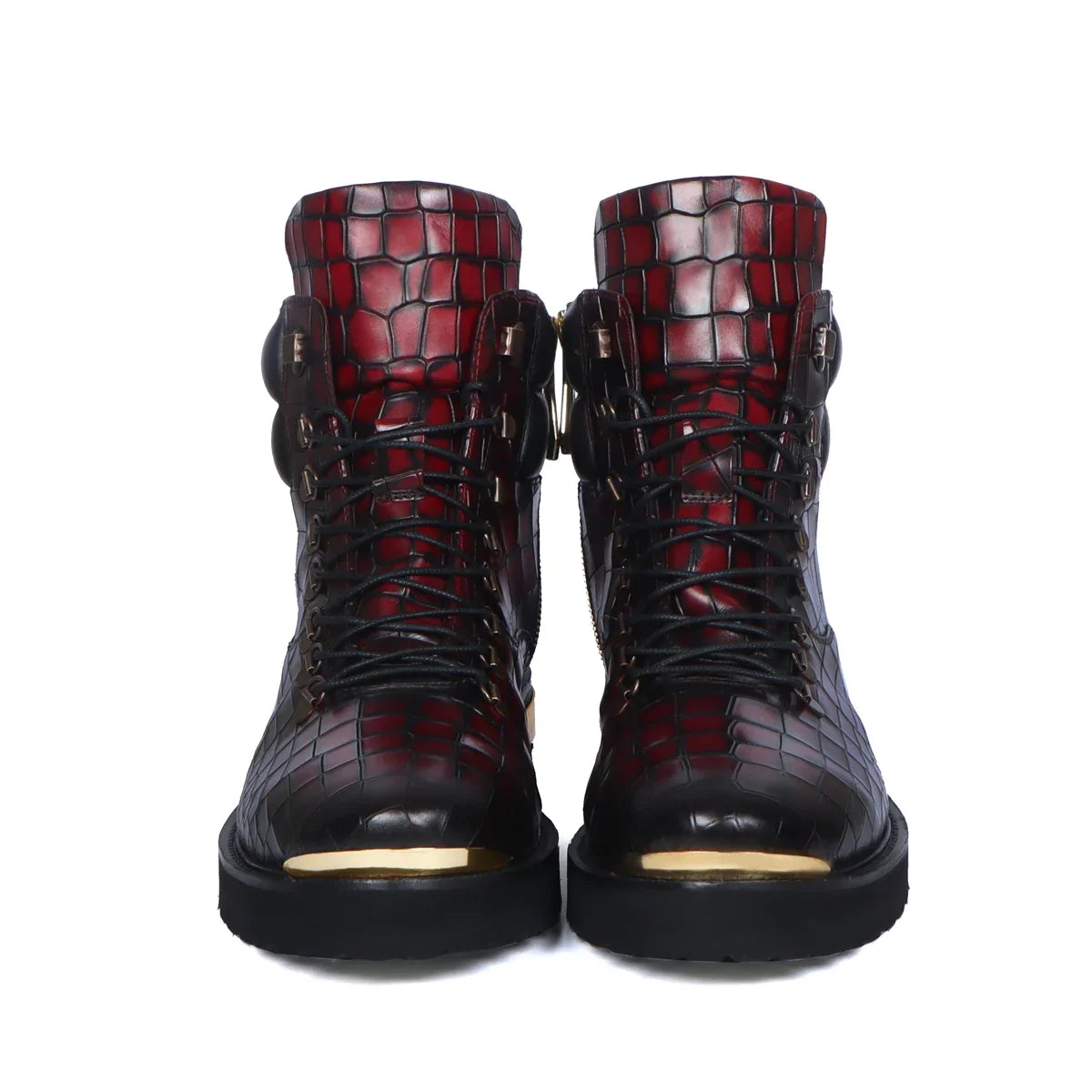 Smokey Wine Biker Chunky Boots Croco Textured Leather