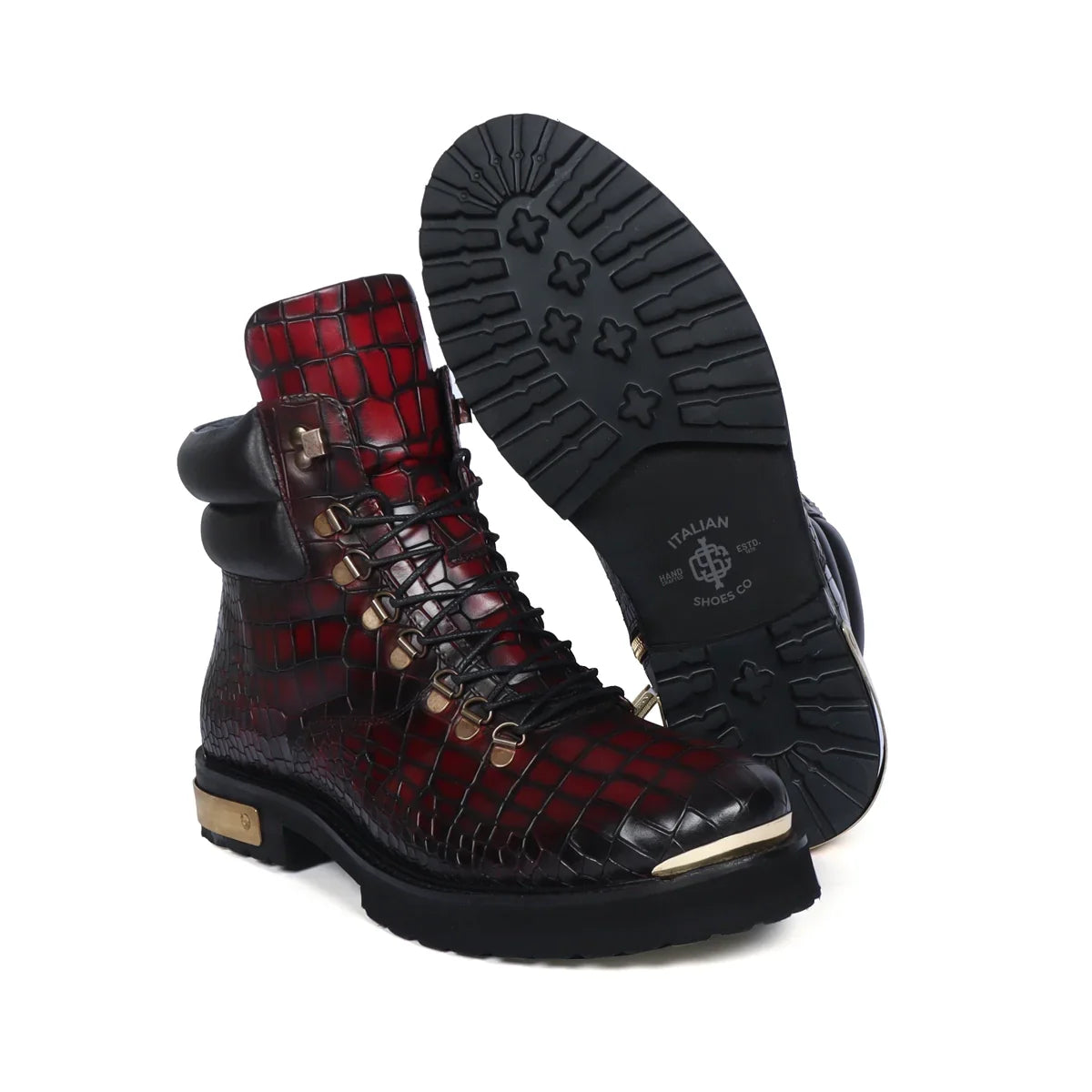 Smokey Wine Biker Chunky Boots Croco Textured Leather