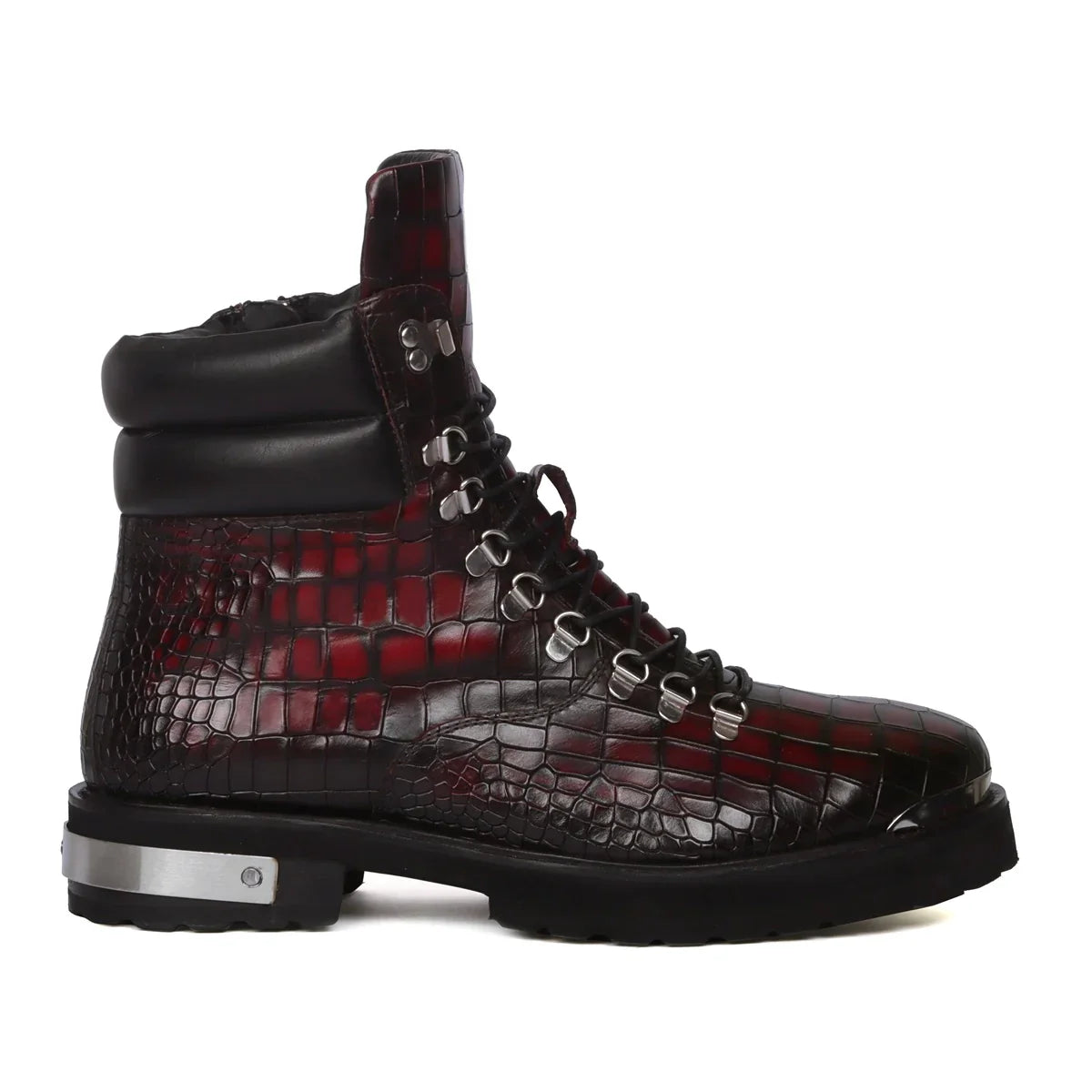 Smokey Wine Biker Chunky Boots Croco Textured Leather