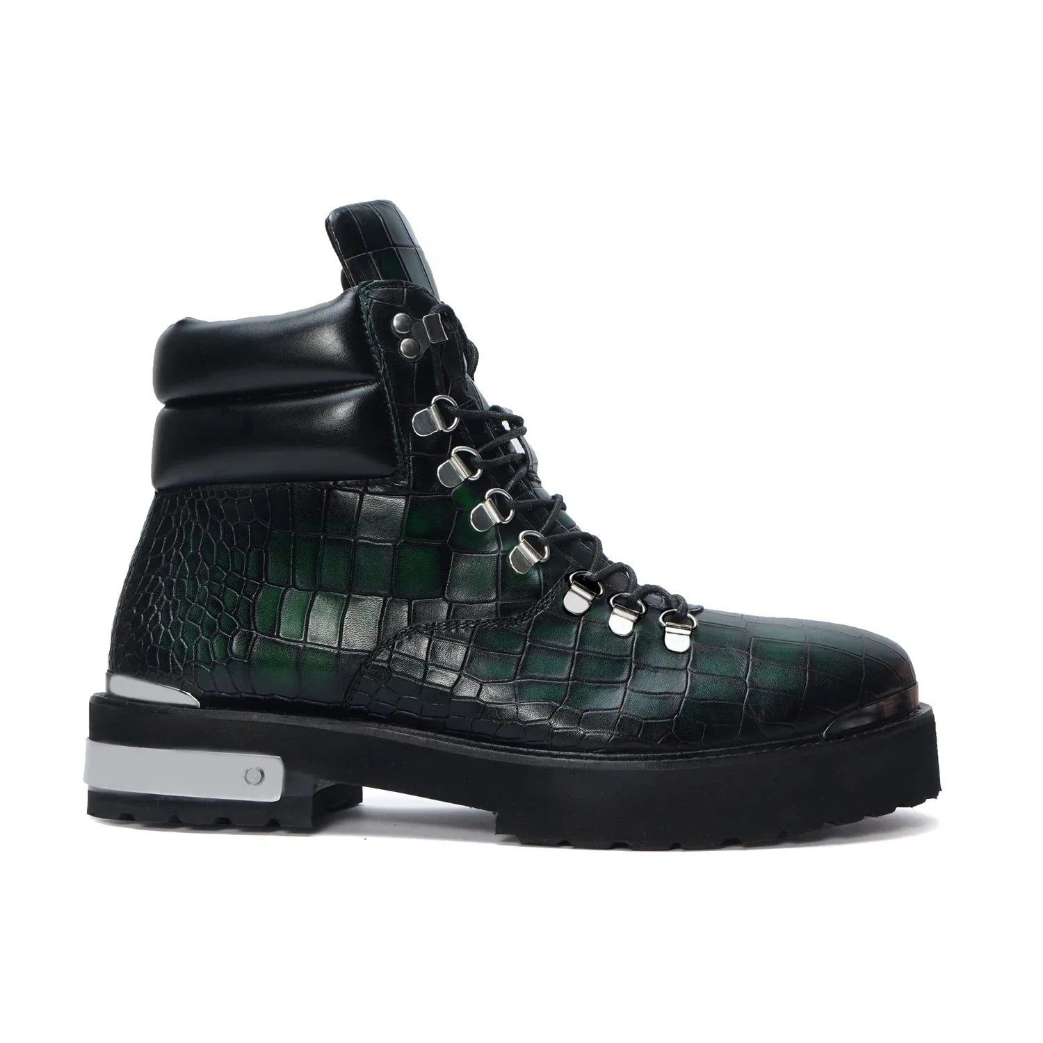 Smokey Finish Biker Chunky Boots in Green Deep Cut Leather