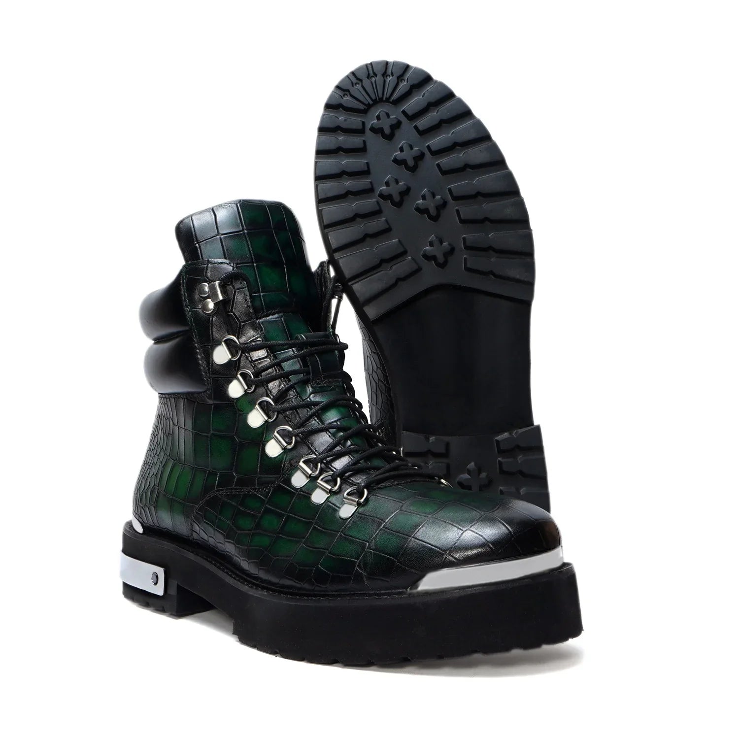 Smokey Finish Biker Chunky Boots in Green Deep Cut Leather