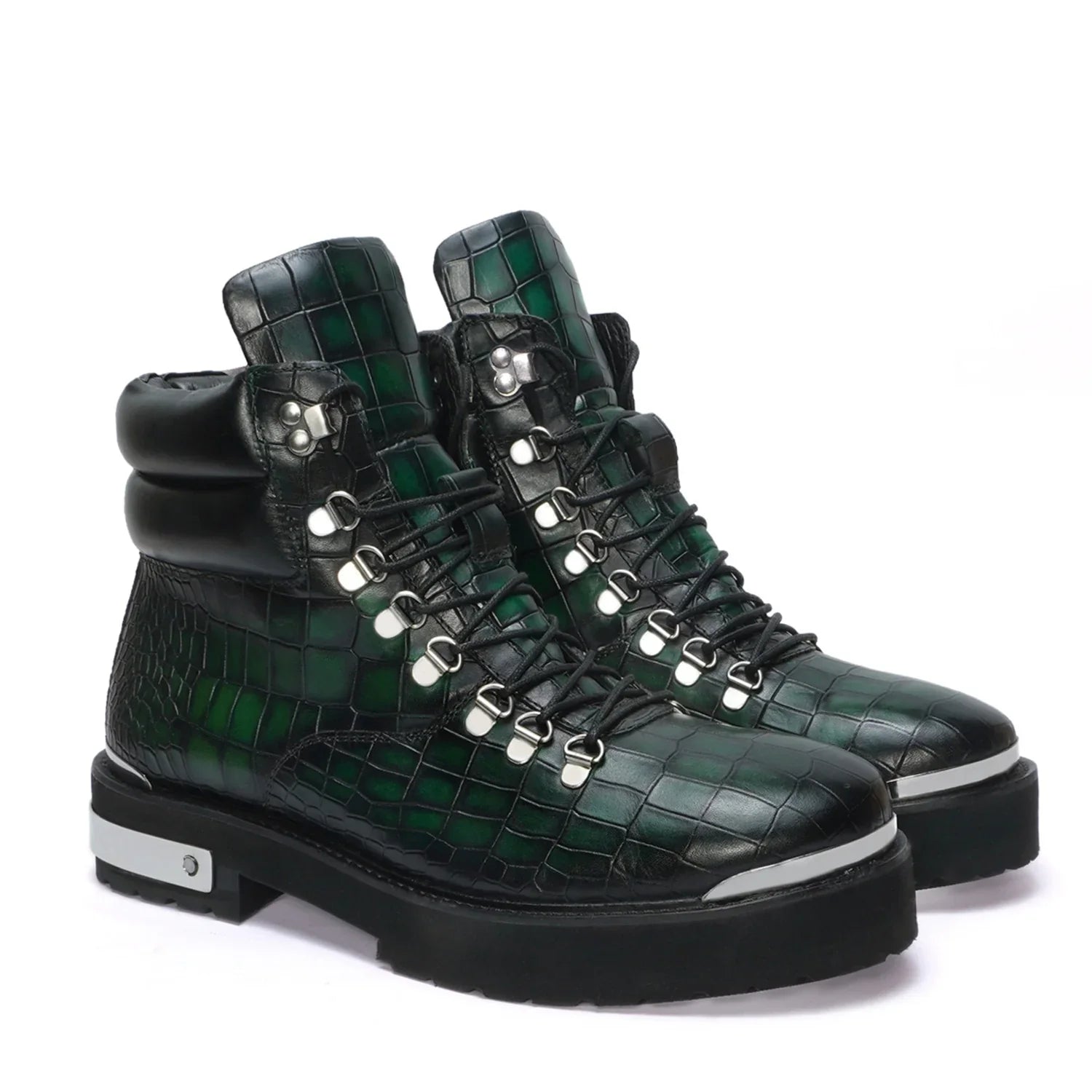 Smokey Finish Biker Chunky Boots in Green Deep Cut Leather