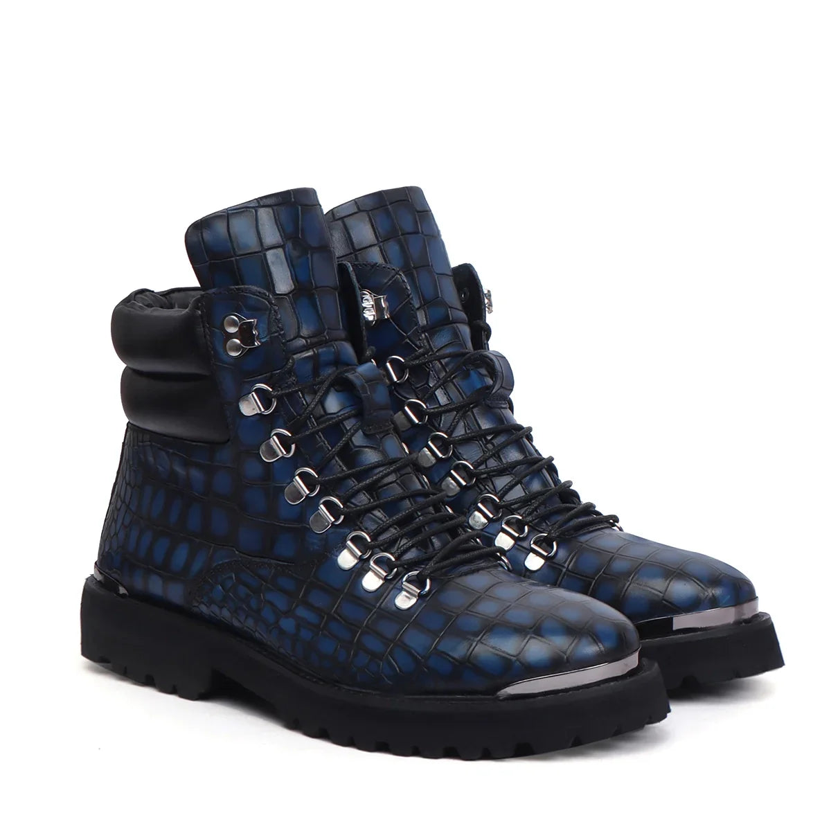 Smokey Blue Biker Chunky Boots with Croco Textured Leather