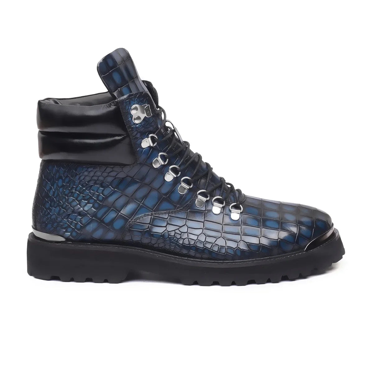 Smokey Blue Biker Chunky Boots with Croco Textured Leather