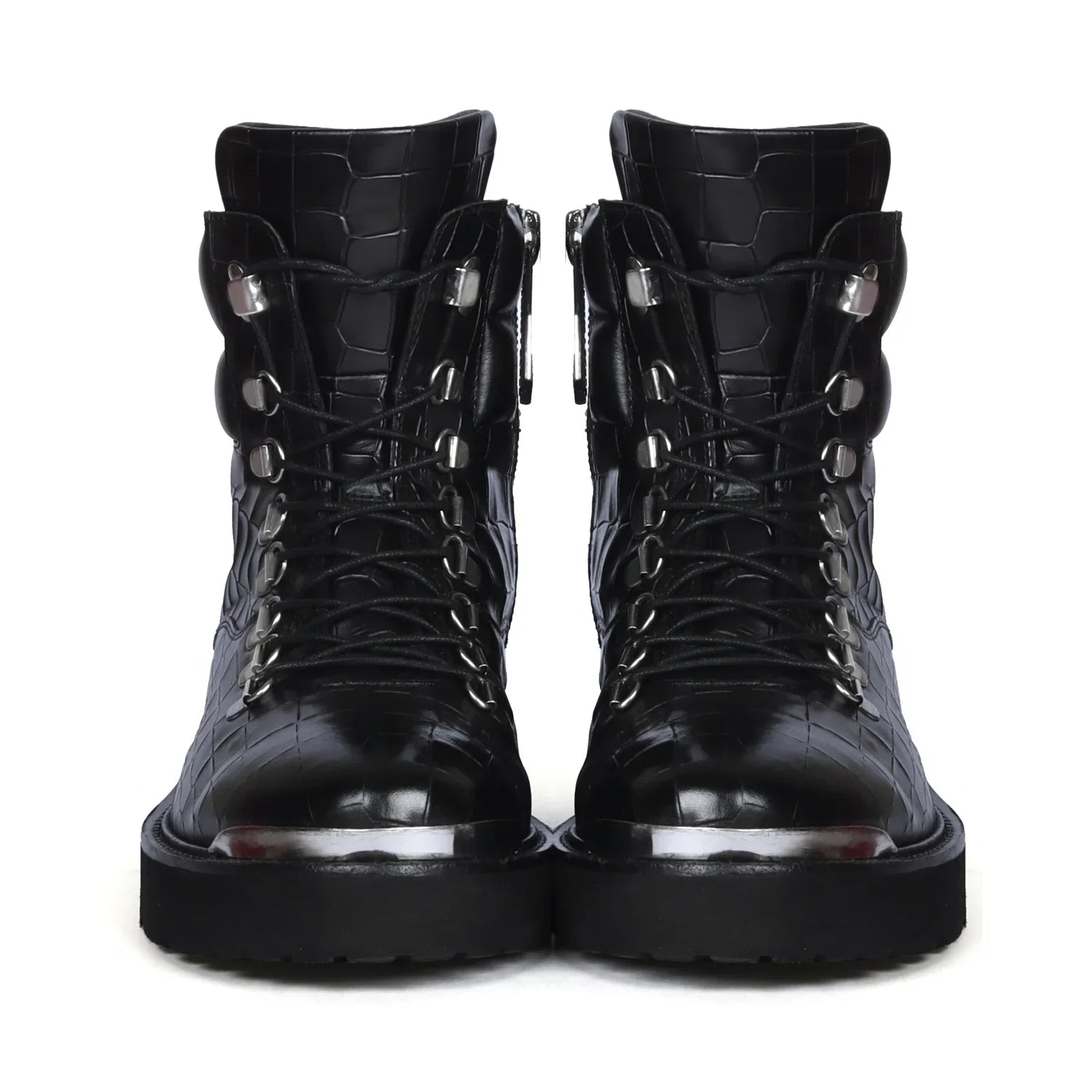 Biker Chunky Boots in Croco Textured Leather with Zip Closure