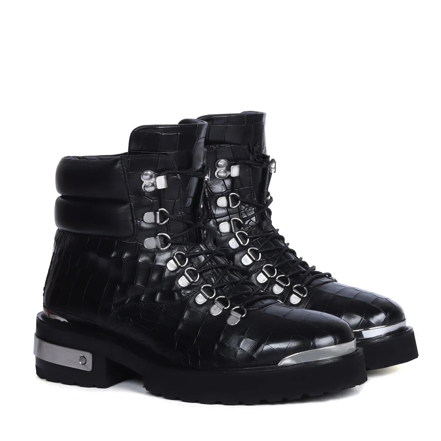 Biker Chunky Boots in Croco Textured Leather with Zip Closure
