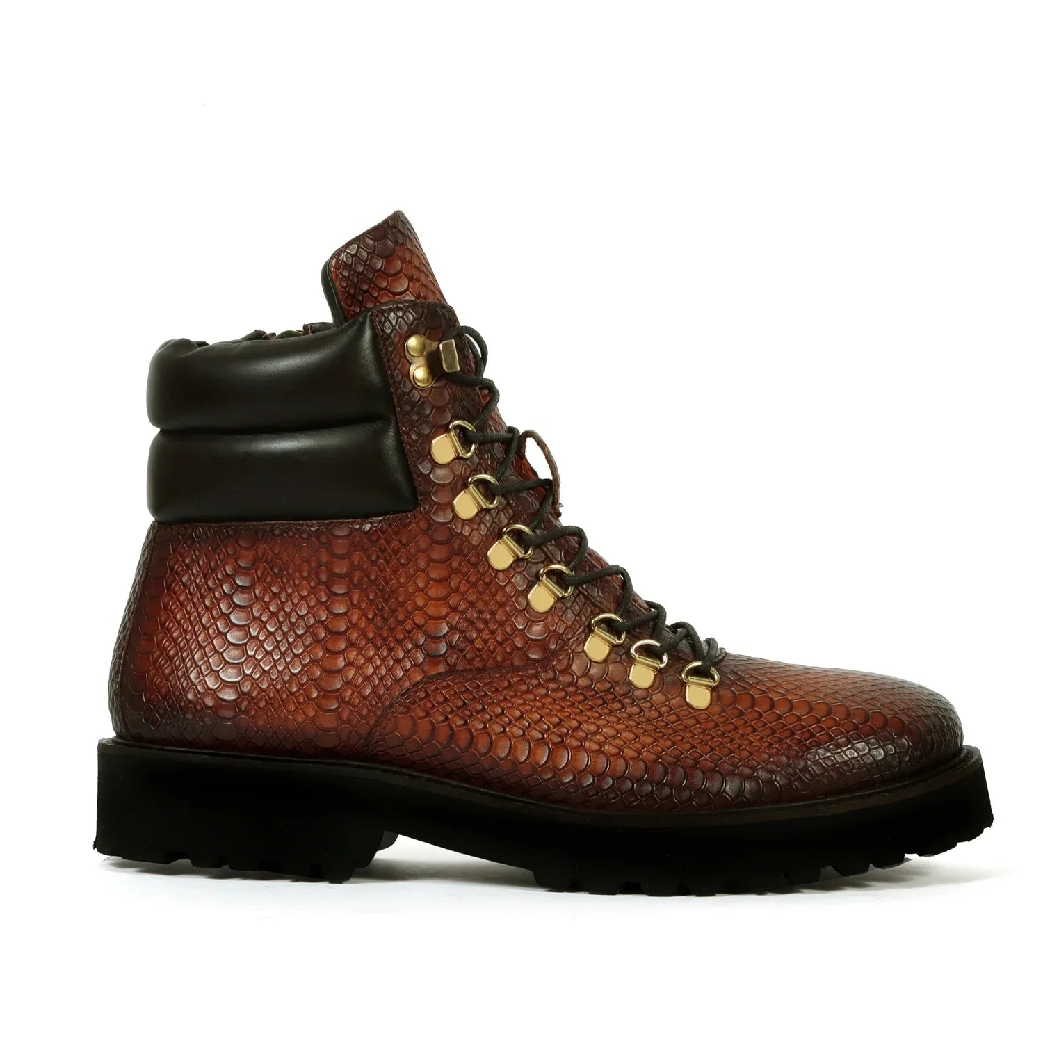 Tan Chunky Boots in Snake Skin Textured Leather