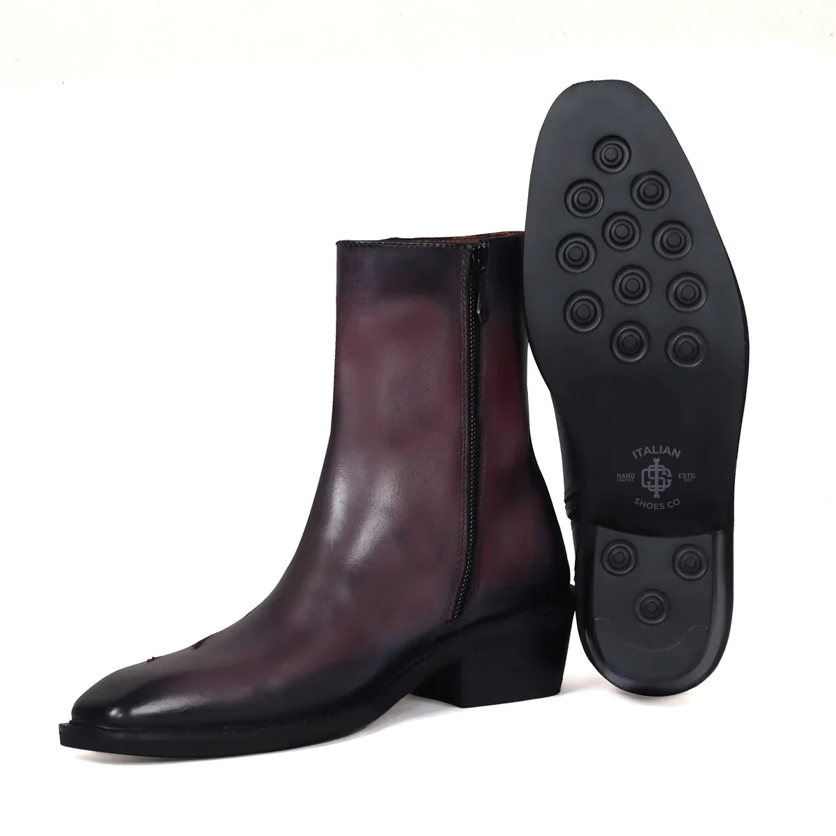 Wolf Scratch Inspired Leather Boots in Purple-Grey Cuban Heel
