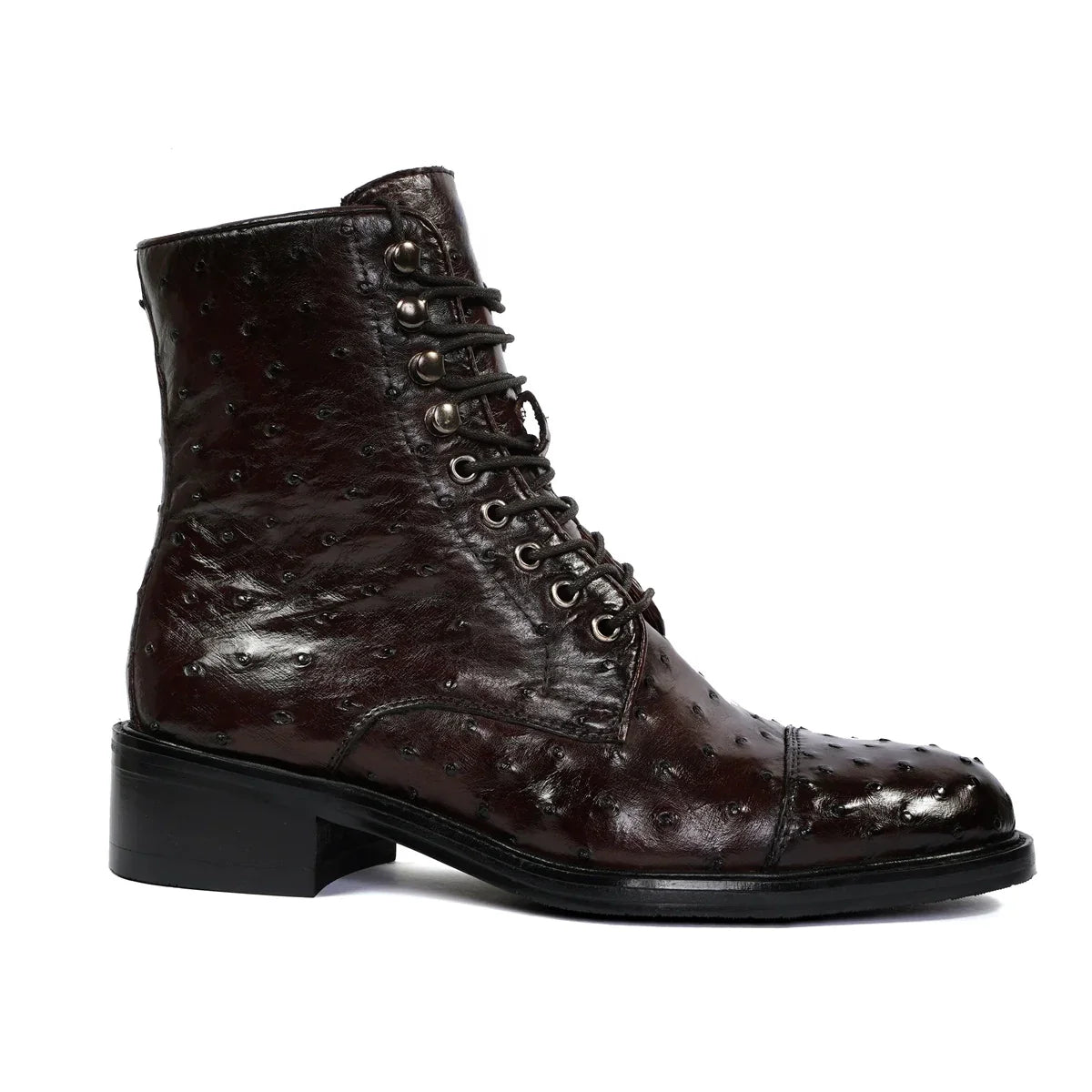 Dark Brown High Ankle Biker Boots in Real Ostrich Leather