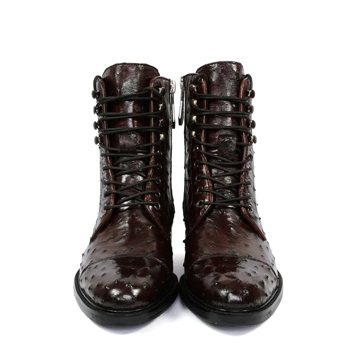 Dark Brown High Ankle Biker Boots in Real Ostrich Leather