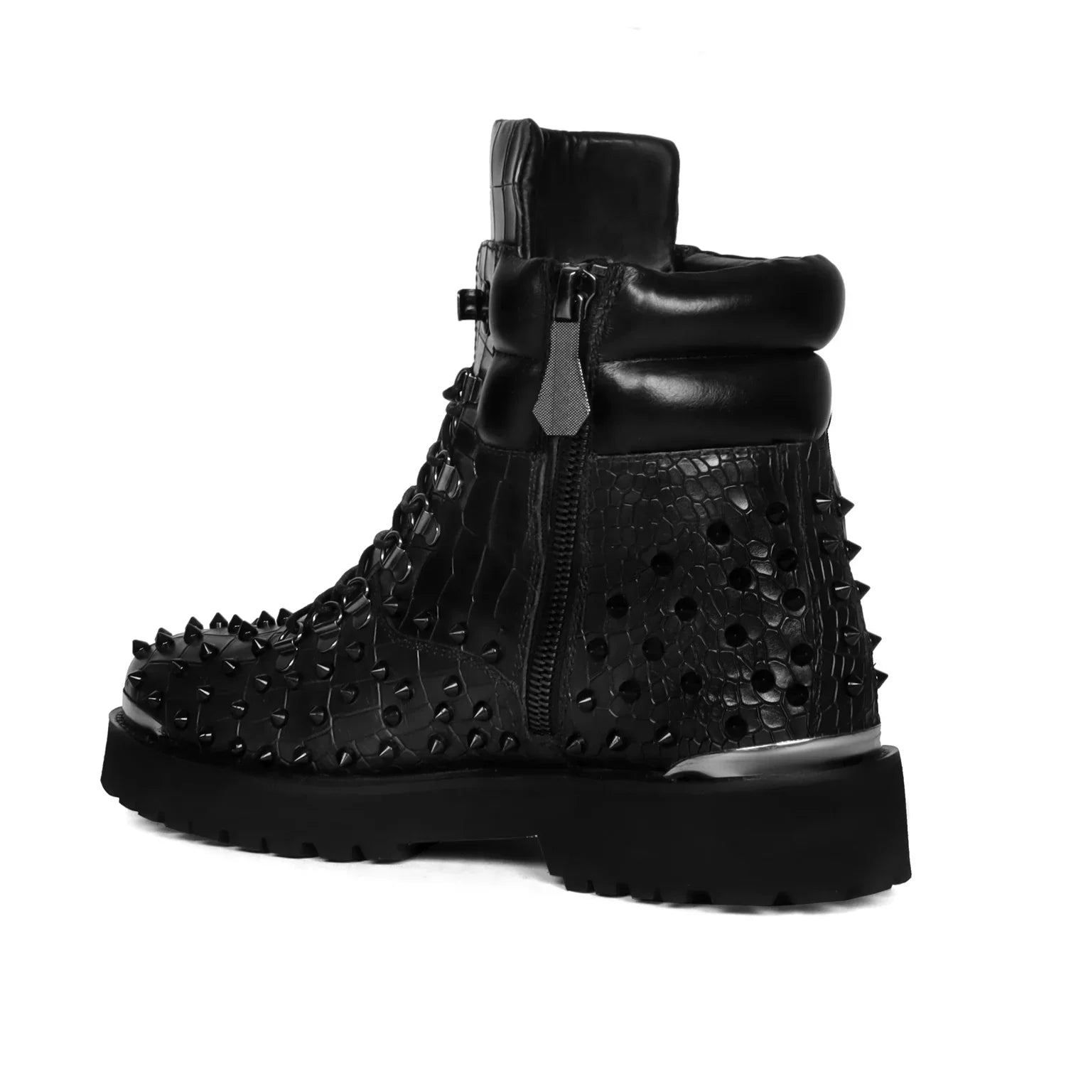 Stud Black Biker Boots in Deep Cut Leather
