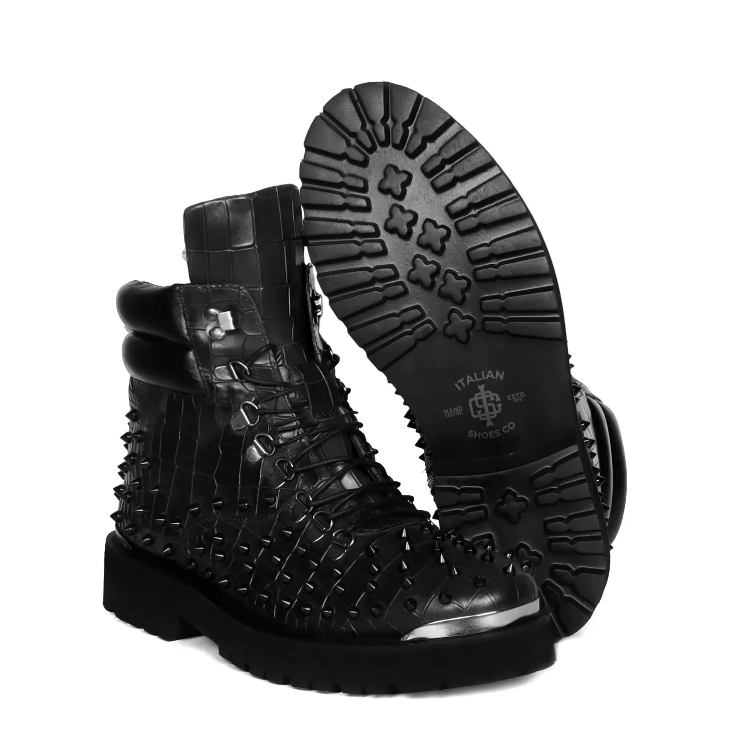 Stud Black Biker Boots in Deep Cut Leather