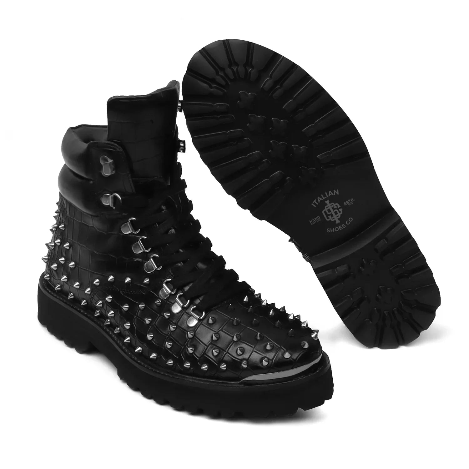 Biker Boots in Black Deep Cut Leather with Silver Stud
