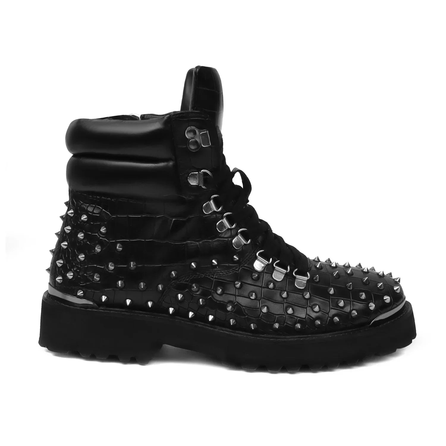 Biker Boots in Black Deep Cut Leather with Silver Stud
