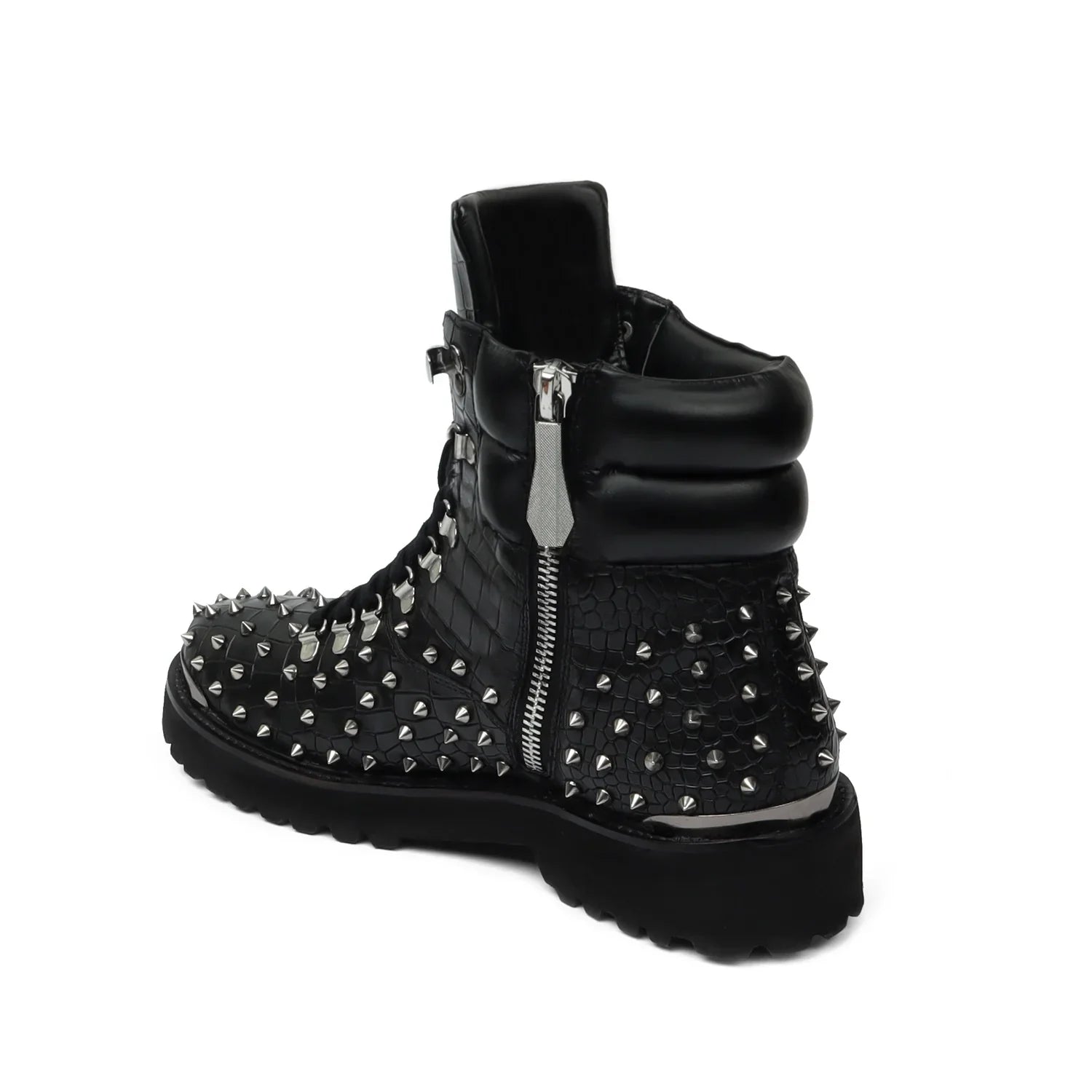 Biker Boots in Black Deep Cut Leather with Silver Stud