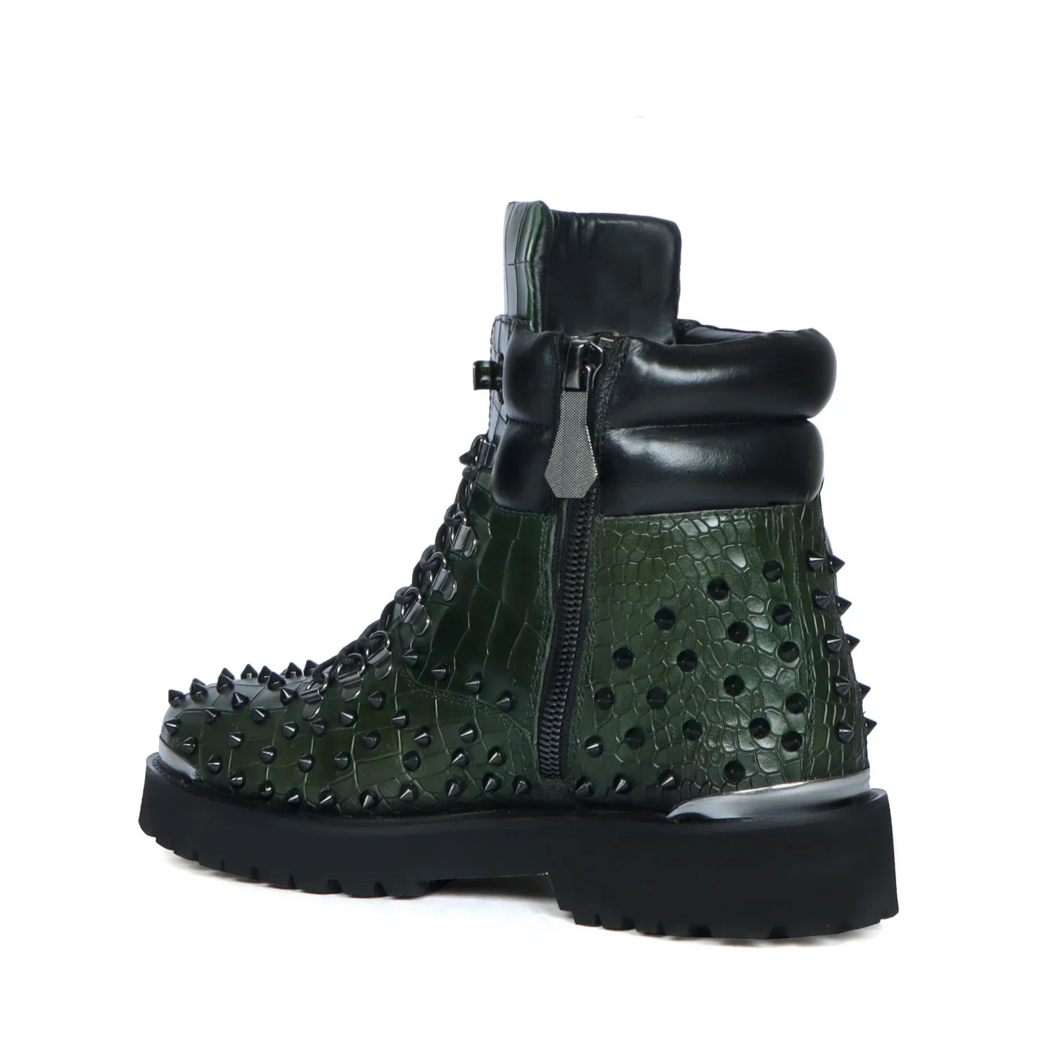 Biker Chunky Boots Green Croco Textured Leather with Black Stud