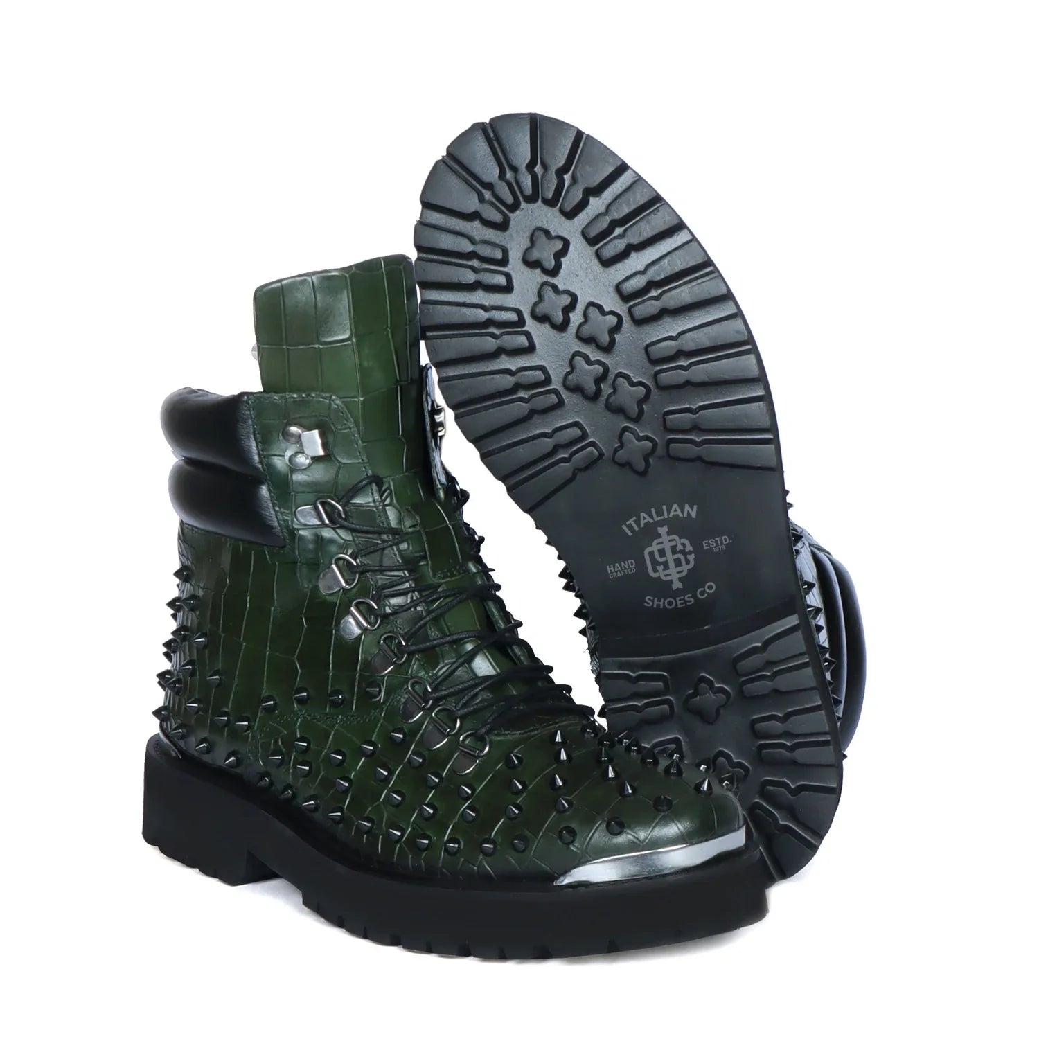 Biker Chunky Boots Green Croco Textured Leather with Black Stud