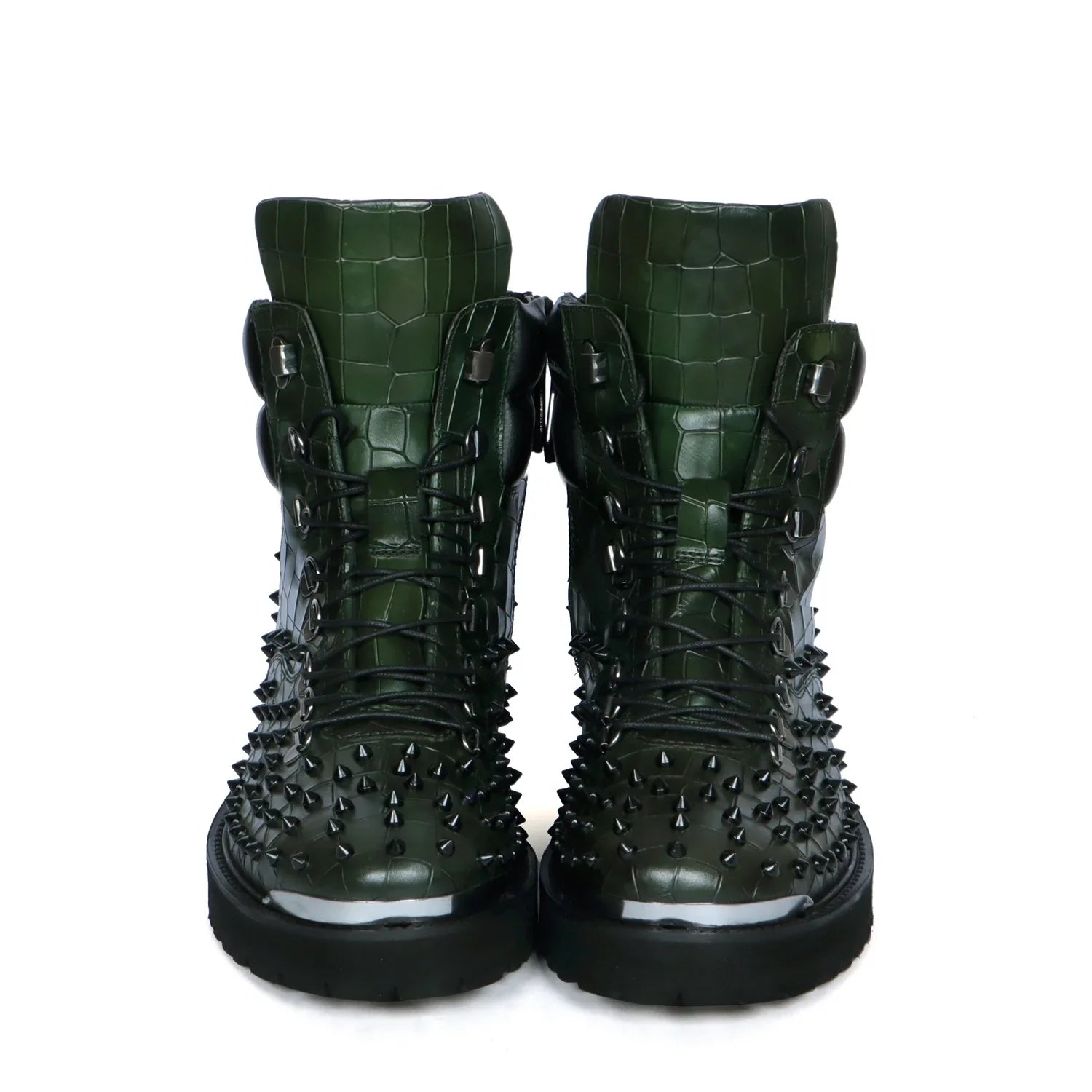 Biker Chunky Boots Green Croco Textured Leather with Black Stud