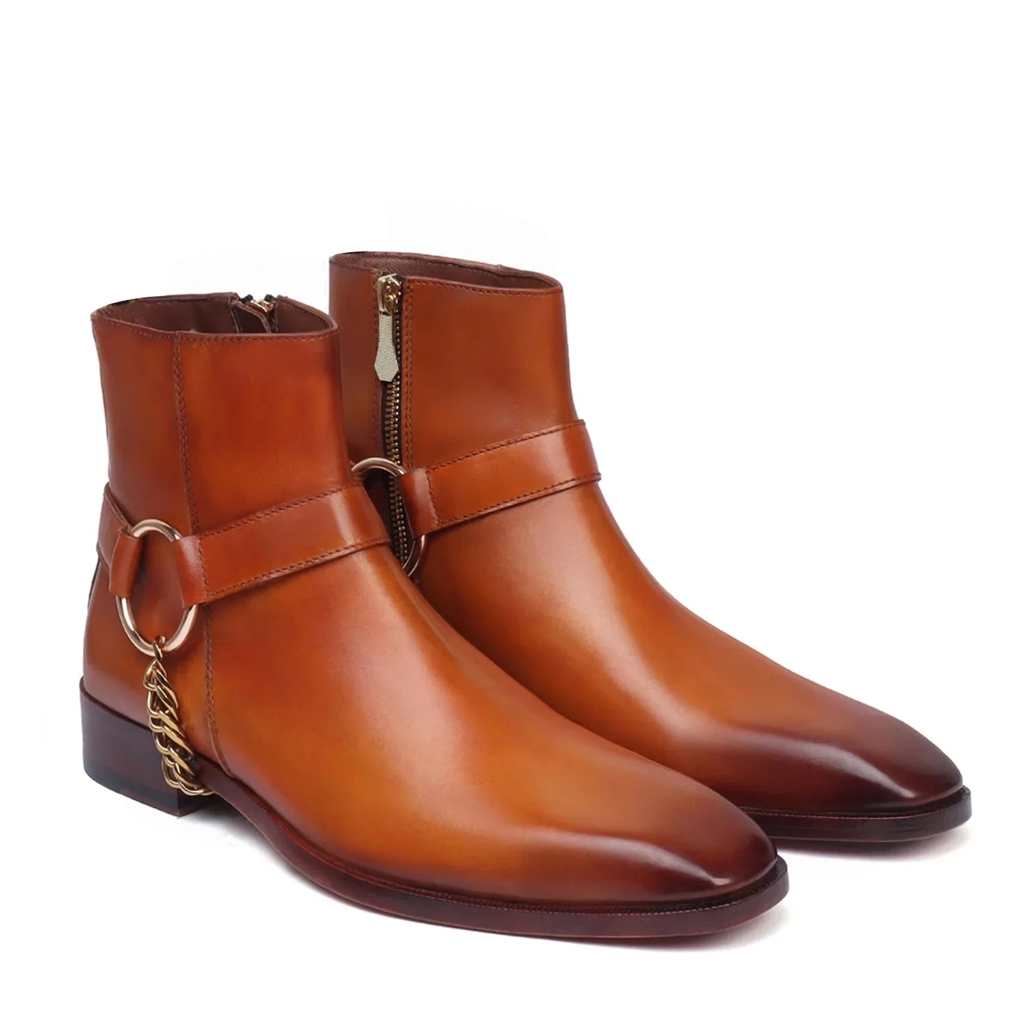 Tan Cuban Chelsea Boots with Side Zip & Stylish Goden Chain